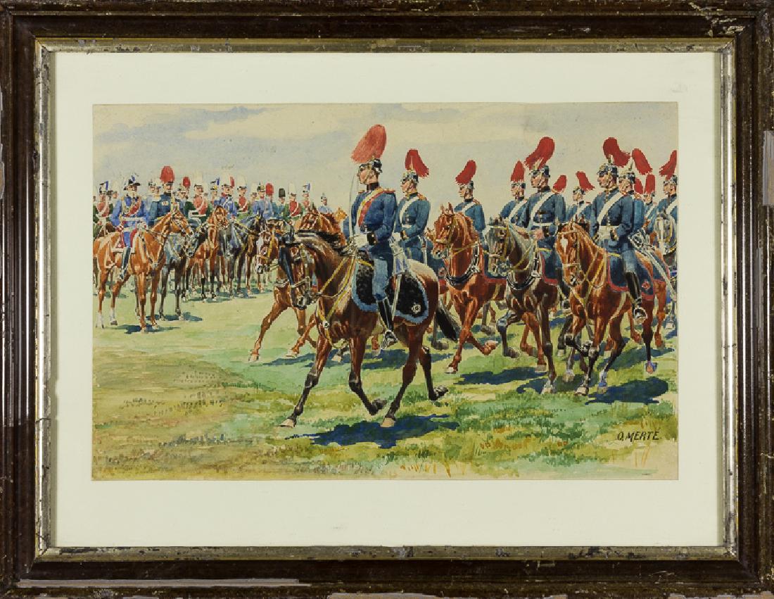 LUITPOLD OF BAVARIA REVIEWS DRAGOONS, BY OSKAR MERTE: LUITPOLD OF BAVARIA REVIEWS DRAGOONS, BY OSKAR MERTE Fine watercolor painting, 11" x 7", executed circa 1910 by German equestrian painter OSKAR MERTE (1872-1938), a depiction of a column of Bavarian d