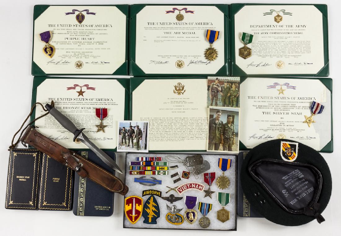 VIETNAM MILITARY MEDALS, AWARDS, KNIFE, AND RELATED: VIETNAM MILITARY MEDALS, AWARDS, KNIFE, AND RELATED GROUPING OF 1ST LT. WILLIAM T. PELLETIER, MILITARY ADVISOR TEAM 162 An important group of medals, awards, and other personal items issued to First L
