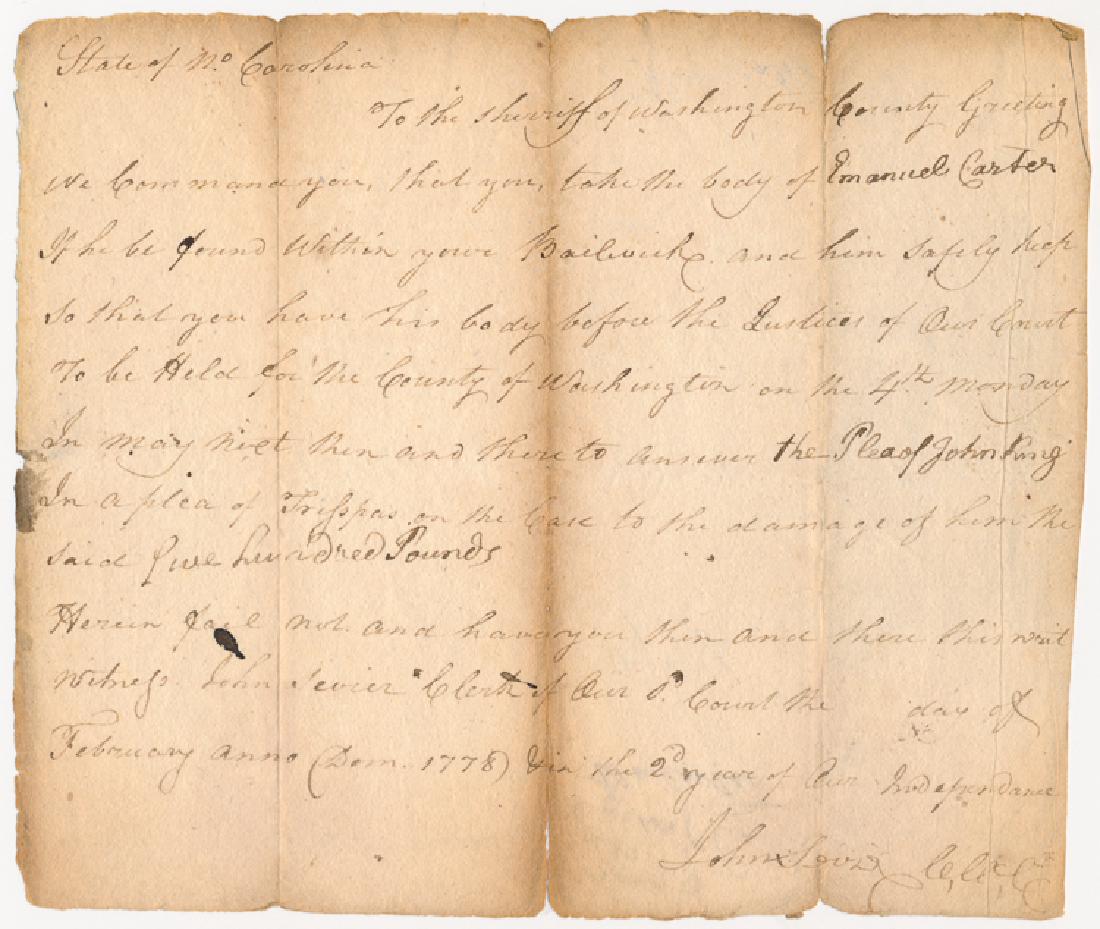 JOHN SEVIER: JOHN SEVIER An early Tennesee war-date A.D.S. "John Sevier" with a second full signature in text, as clerk of the court of pleas and quarter sessions for Washington County, NC, 1p. obong 8vo., North C