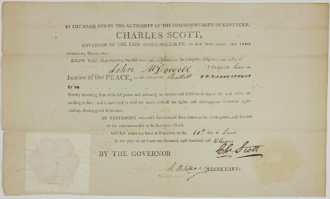 CHARLES SCOTT: CHARLES SCOTT (1739 - 1813) American Revolution brigadier general who served with Wayne at Stony Point, captured at Charleston, and later fought Indians with St. Clair and Wayne in Kentucky. Partly-pr