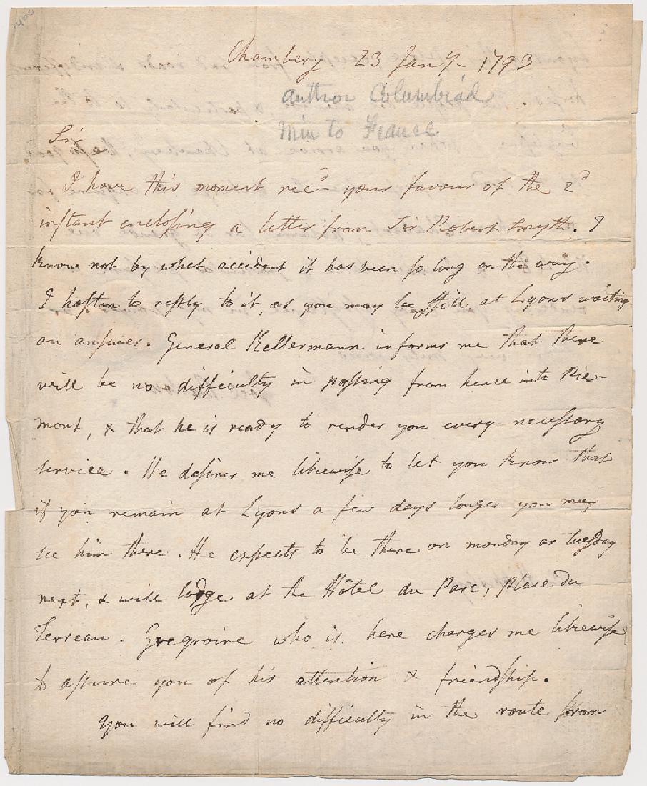 JOEL BARLOW: JOEL BARLOW (1754-1812) American poet, diplomat and politician, best known for his epic poem "The Columbiad", and for serving as U.S. Minister to France. A.L.S., 2pp. 4to., Chambery, Jan. 23, 1793, to