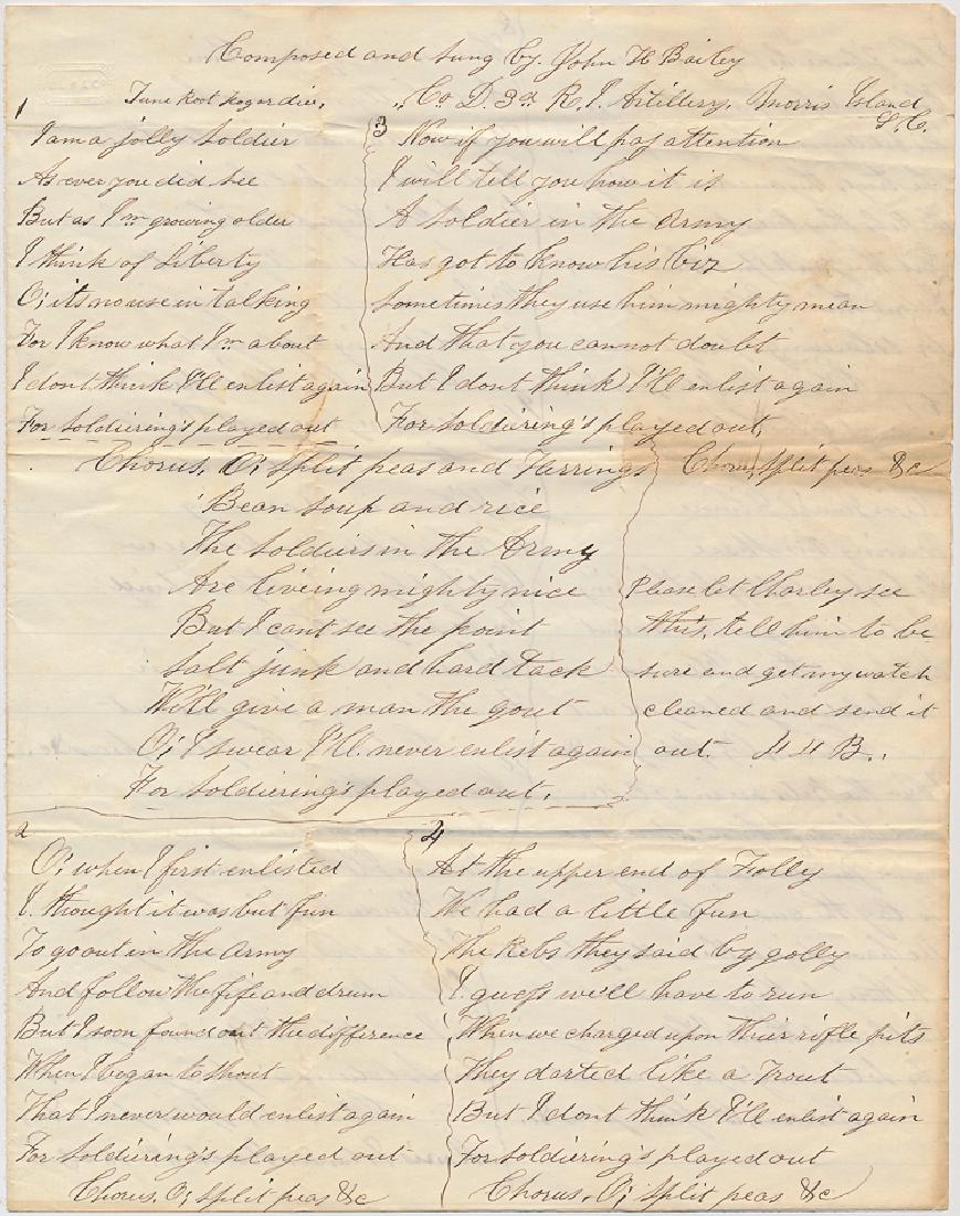 SOLDIER'S PROSE: "SOLDIERING'S PLAYED OUT": SOLDIER'S PROSE: "SOLDIERING'S PLAYED OUT" Most unusual war-date Union soldier's poem, headed: "Composed and sung by John H. Bailey, Co. D, 3rd R. I. Artillery, Morris Island, S. C.", dated March 8, 1