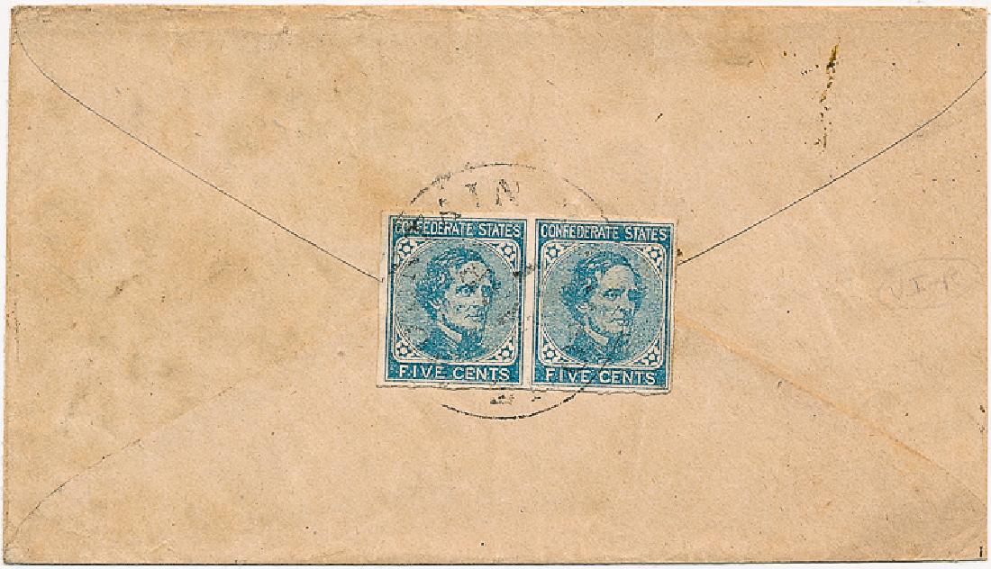 STONE MOUNTAIN, GEORGE POSTAL CANCELLATION: STONE MOUNTAIN, GEORGE POSTAL CANCELLATION Stone Mountain, Georgia handstamp tying a block of two Jefferson Davis five cent stamps to the rear of a postal cover addressed to Lt. G. R. Wells, Co. "D" (