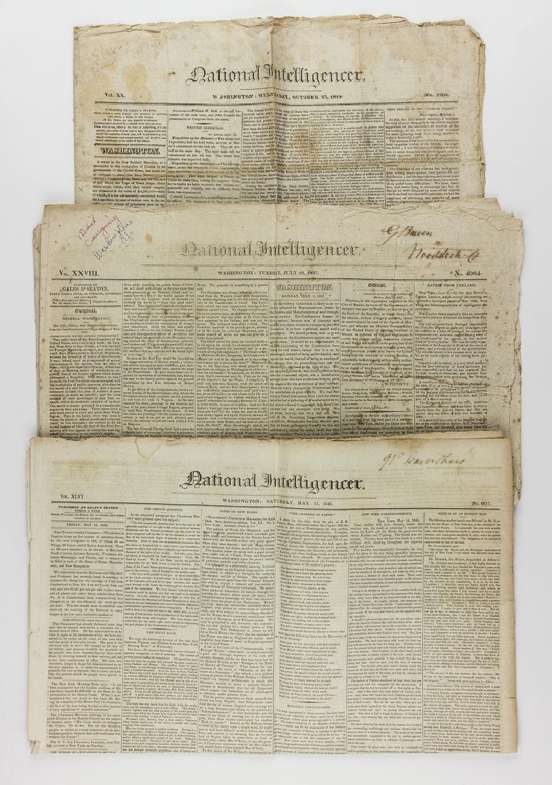 RUNAWAY SLAVES AND SLAVES FOR SALE NEWSPAPER: RUNAWAY SLAVES AND SLAVES FOR SALE NEWSPAPER ADVERTISEMENTS Lot of three newspapers with various slave-related advertisements, all being copies of the National Intelligencer from Washington, D.C., 181