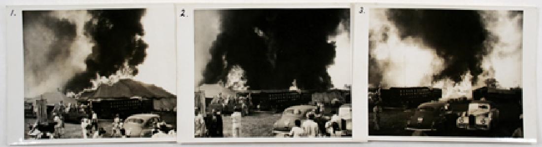 (HARTFORD CIRCUS FIRE): (HARTFORD CIRCUS FIRE) An outsanding unpublished set of three original photographs of the famous Ringling Bros. Barnum & Bailey Circus tent fire which claimed 168 dead and 487 injured in Hartford on J