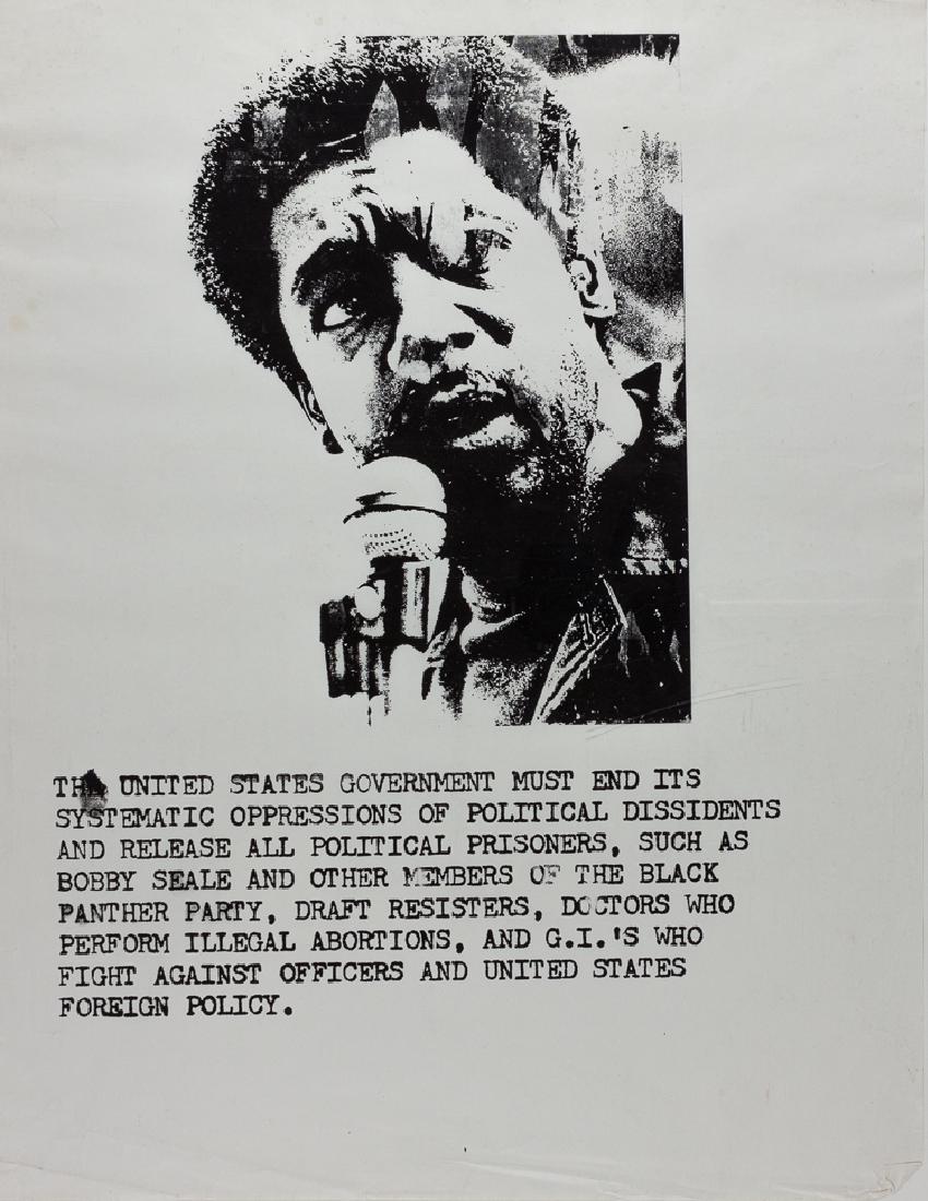 BOBBY SEALE BLACK PANTHERS POSTER: BOBBY SEALE BLACK PANTHERS POSTER Black and white poster most likely issued by protesters at Harvard University during the famous uprisings and riots on the campus on several occasions in 1970. The cr