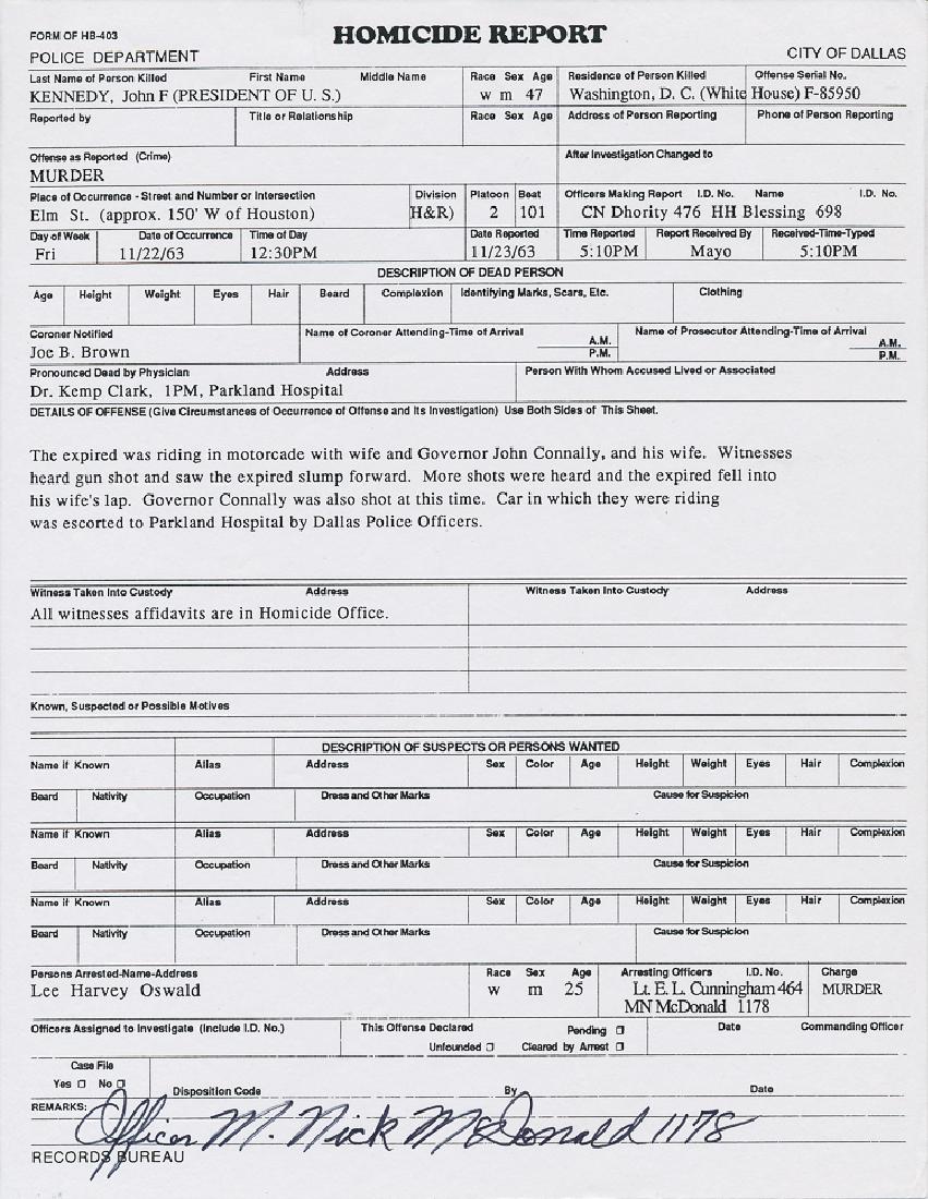 M. NICK MCDONALD: M. NICK MCDONALD (1928-2005) Dallas police officer, arrested Lee Harvey Oswald shortly after the assassination of President John F. Kennedy. Was later assigned to the Secret Service detail protection