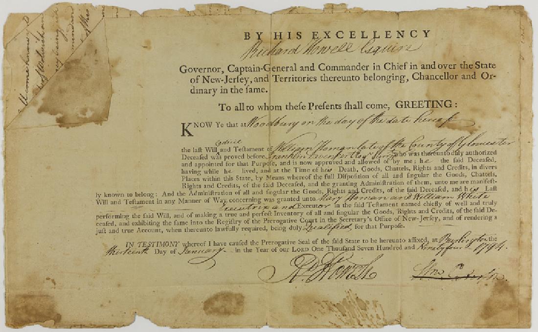 RICHARD HOWELL: RICHARD HOWELL (1754 - 1802) Third Governor of New Jersey, 1794-1801. Also served as captain and major of the 2nd New Jersey Regiment, 1775-79. Partly-printed D.S. as Governor, 1p. sm. folio, Burlingt