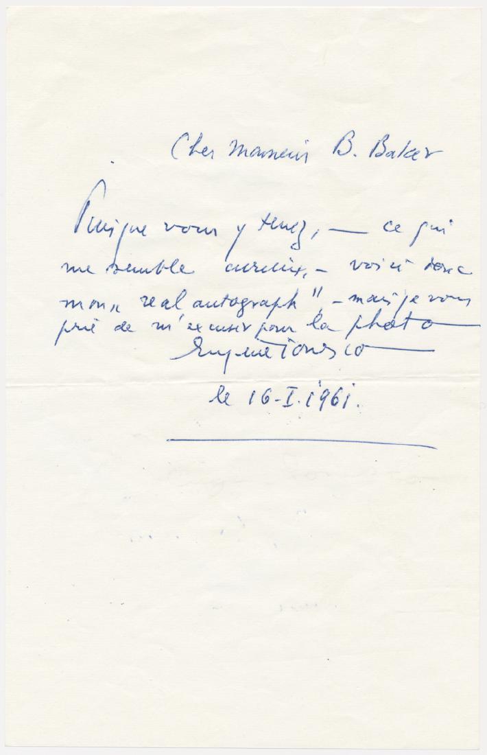 EUGENE IONESCO: EUGENE IONESCO (1909-1994) Romanian-French playwright, one of the foremost figures of the French Avant-garde theatre. A.L.S. in French, 1p. 8vo., Paris, Jan. 16, 1961, to a Bernard Baker, responding t