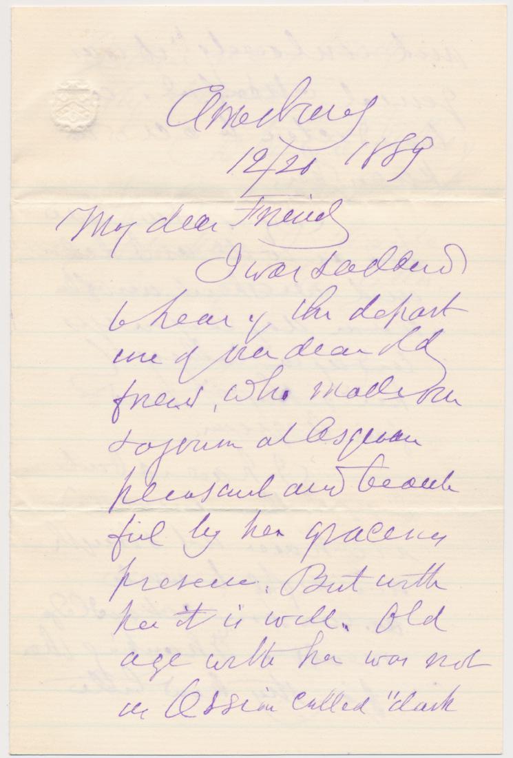 JOHN G. WHITTIER: JOHN G. WHITTIER (1807 - 1892) "The Quaker Poet", American author of poetry including "Barefoot Boy" and "Barbara Frietchie". A.L.S., 3pp. 8vo., Amesbury, Dec. 20, 1889, discussing the passing of an "