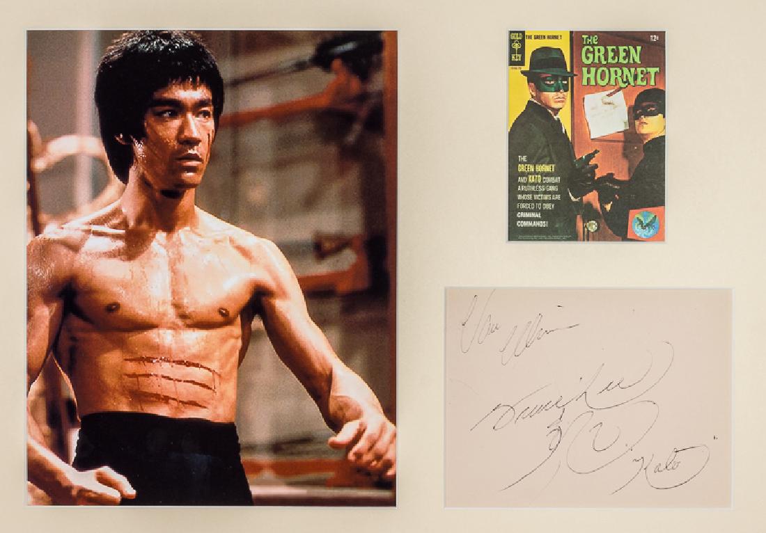 BRUCE LEE: BRUCE LEE (1940 - 1973) Chinese-American actor and athlete who parlayed his skill in karate to popularize the karate genre films of the Sixties and Seventies. An outstanding signed piece, Bruce Lee's 