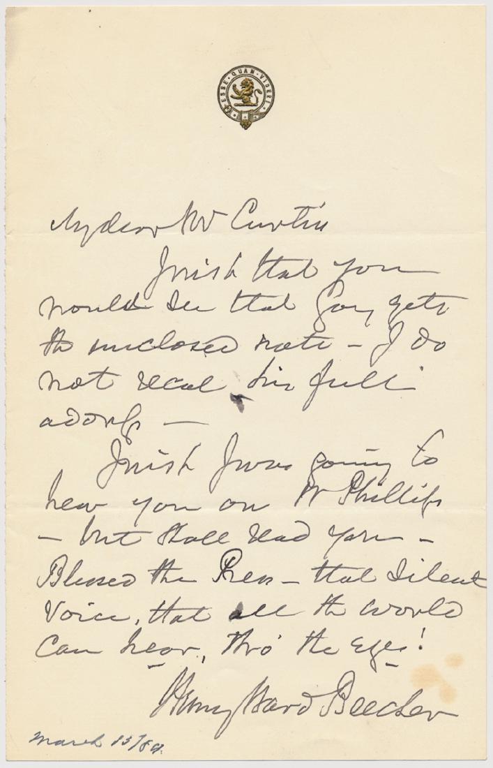 HENRY WARD BEECHER: HENRY WARD BEECHER Lot of two A.L.S.s, total 3pp. 8vo., 1876 and 1884, both written to George William Curtis (1824â€“ 1892), American writer and public speaker, a Republican who spoke in favor of
