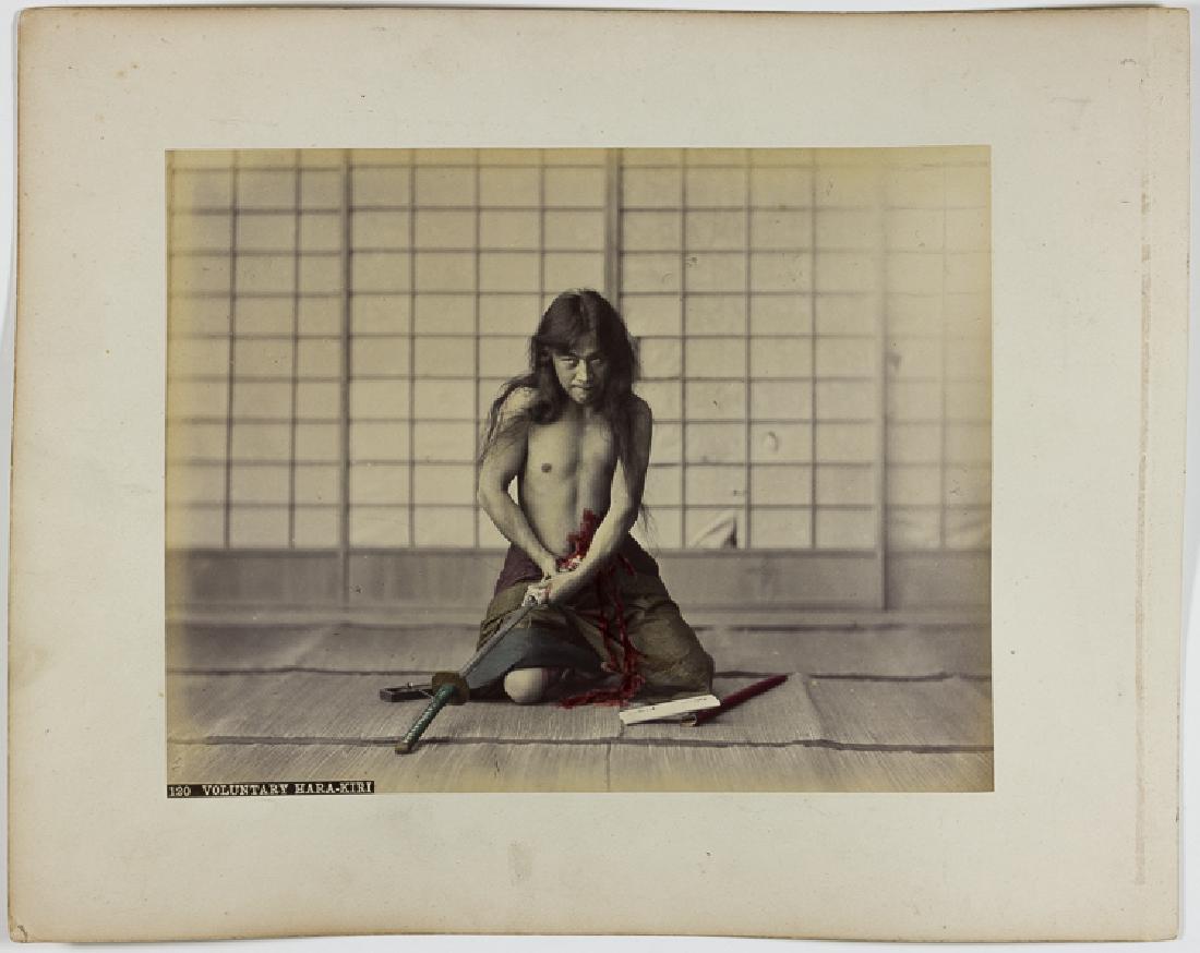 JAPANESE PHOTOGRAPHS, CA. 1880: JAPANESE PHOTOGRAPHS, CA. 1880 Scarce set of eight 9 1/2" x 7 1/2" hand-colored photographs set on 13 1/2" x 10 3/4" gold-edged mounts, depicting scenes of life in Japan including an old man carrying 