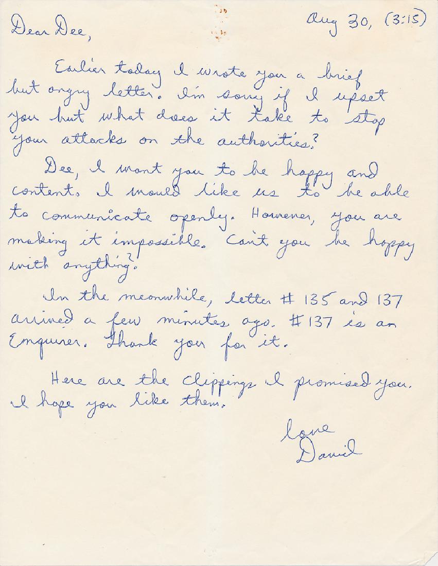DAVID BERKOWITZ: DAVID BERKOWITZ (b. 1953) Mass murderer who called himself the "Son of Sam", terrorized New York City in the Seventies killing six under orders from a neighbor's dog. Scarce A.L.S. "David", 1p. 4to.,.