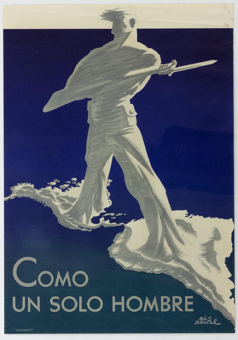 "AS ONE MAN" NORTH-SOUTH AMERICAN COOPERATION POSTER: "AS ONE MAN" NORTH-SOUTH AMERICAN COOPERATION POSTER Unusual American World War II poster, 14" x 19 3/4", an Art Deco-style depiction of an enormous solder clutching a rifle with bayonet, with one foo