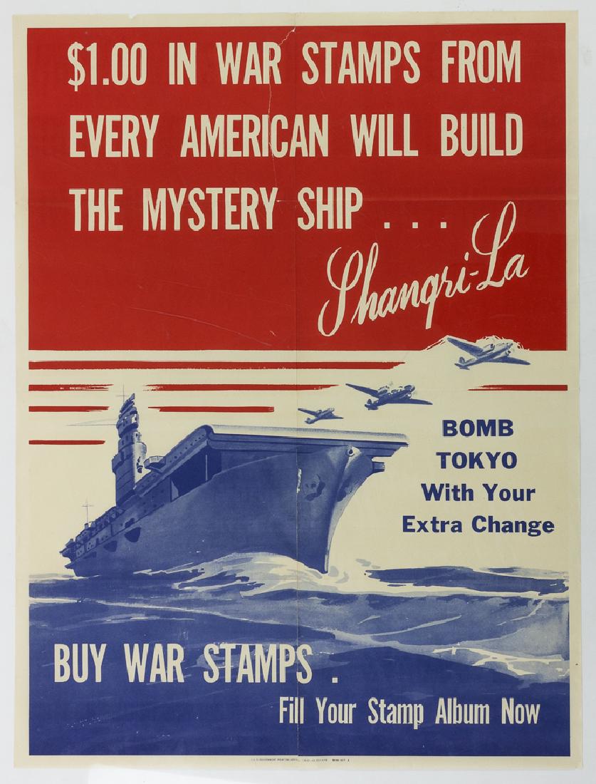 "MYSTERY SHIP SHANGRI-LA" WAR STAMPS POSTER: "MYSTERY SHIP SHANGRI-LA" WAR STAMPS POSTER Scarce original American World War II poster, 20" x 26 1/2", a three-color depiction of twin-engine bombers taking off from the deck of an aircraft carrier,