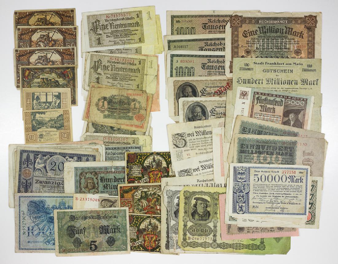 GERMAN INFLATION CURRENCY: GERMAN INFLATION CURRENCY Good lot of 29 pieces of Weimar-era currency in eighteen different styles, all issued by national and regional German treasuries in 1922 and 1923, and all bearing the astrono
