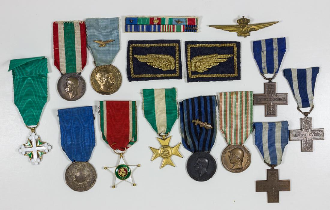 ITALIAN MILITARY PILOT'S MEDALS, WINGS, AND RIBBON WAR: ITALIAN MILITARY PILOT'S MEDALS, WINGS, AND RIBBON WAR Fine grouping of 15 items from an Italian military pilot of World War II. Includes: Italian War Merit Cross, World War I (3); Commemorative Medal