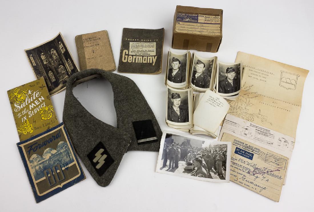SS ROTTENFUHRER'S COLLAR TABS WITH AMERICAN P.O.W.: SS ROTTENFUHRER'S COLLAR TABS WITH AMERICAN P.O.W. RELICS Good pair of black wool collar tabs, each 1 1/2" x 2", one displaying the embroidered SS "sig" runes, and the other bearing two silver thread 