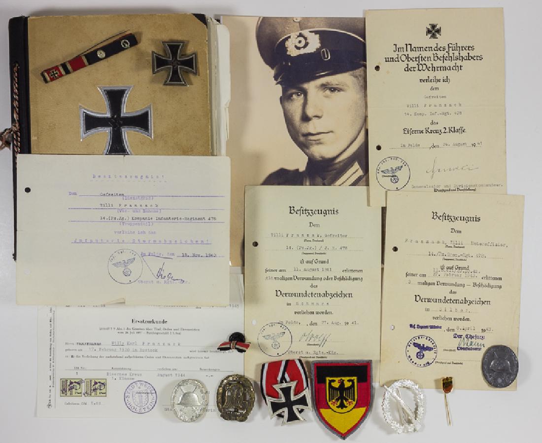 WEHRMACHT SOLDIER'S PHOTO ALBUM, AWARDS AND DOCUMENTS: WEHRMACHT SOLDIER'S PHOTO ALBUM, AWARDS AND DOCUMENTS GROUPING Fine grouping of photographs, documents, awards and insignia, all related to the World War II and postwar service of one Willi Franzack, 