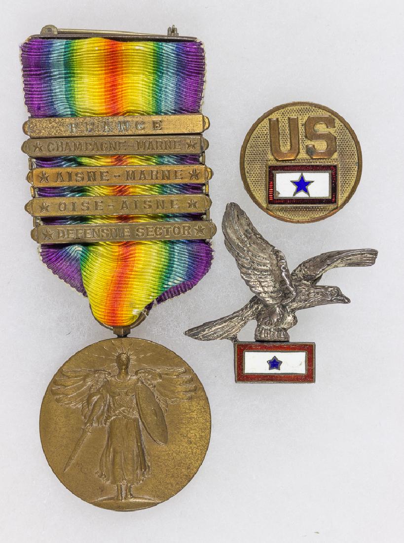 SON-IN-THE-SERVICE PINS WITH SERVICE MEDAL: SON-IN-THE-SERVICE PINS WITH SERVICE MEDAL Lot of two pins each bearing an enamel blue star flag showing viewers that a family has a son in military service, each about 1 1/2" wide, one being an adapt