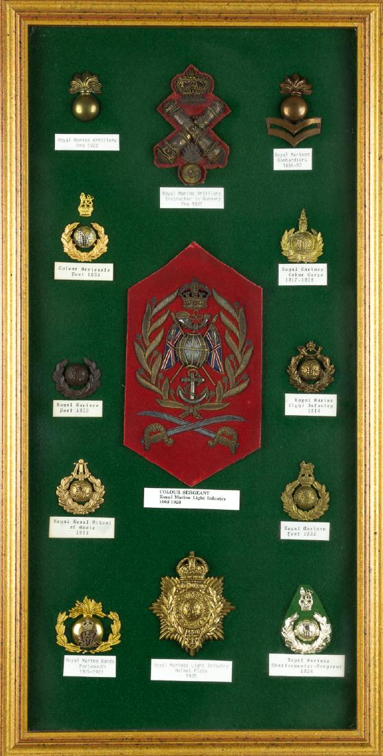 BRITISH ROYAL MARINES BADGE AND PATCH DISPLAY (13): BRITISH ROYAL MARINES BADGE AND PATCH DISPLAY (13) Terrific framed display of 13 vintage Royal Marines and associated hat badges, pins, and other insignia accumulated over several decades by a dedicat
