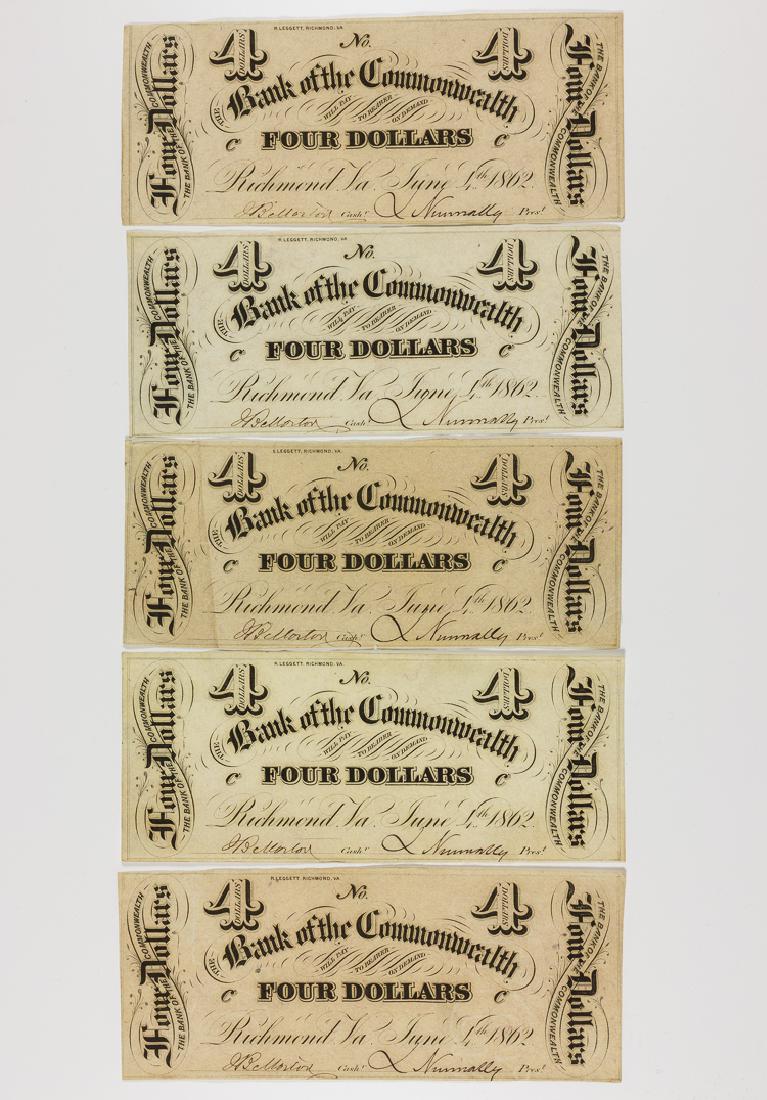 VIRGINIA BANK OF THE COMMONWEALTH $4.00 BILL (5): VIRGINIA BANK OF THE COMMONWEALTH $4.00 BILL (5) Lot of five (5) Confederate Virginia Bank of the Commonwealth $4.00 bills, an "emergency" issue made on June 1, 1862. All but one are very fine, that o