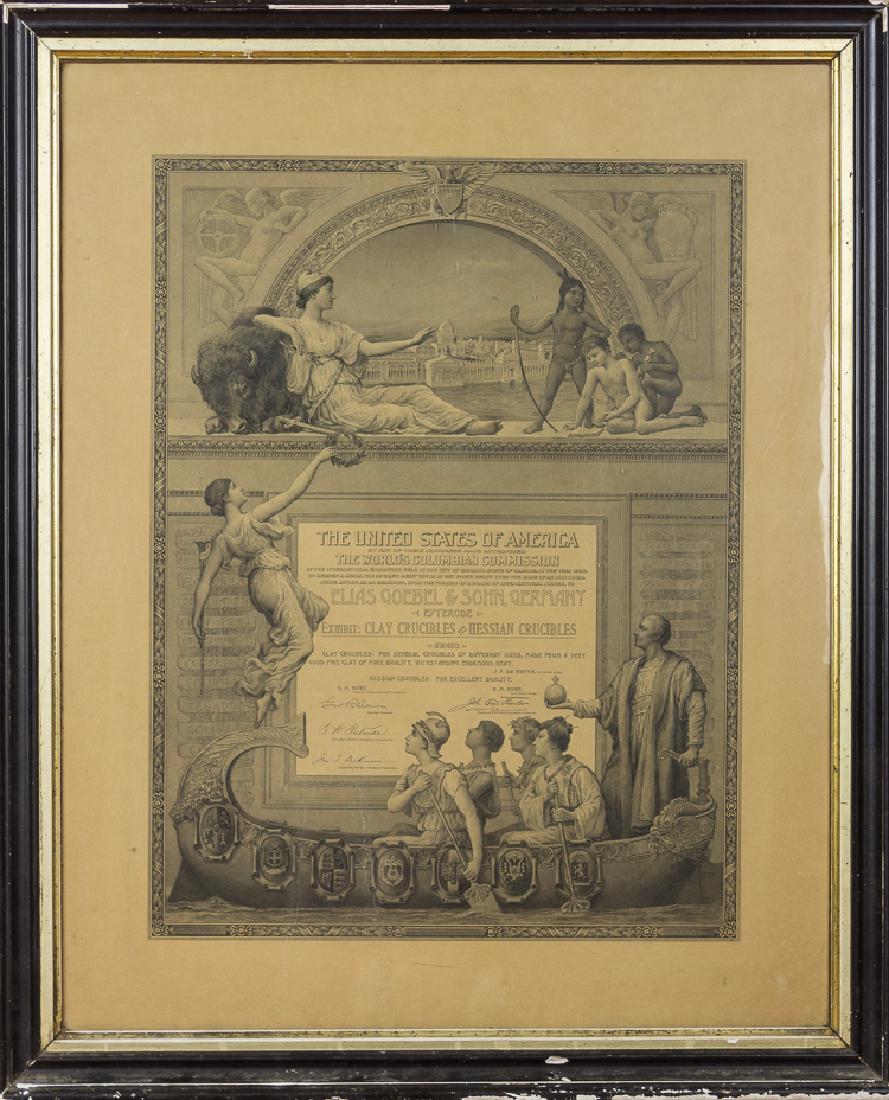 COLUMBIAN EXPOSITION AWARD CERTIFICATE: COLUMBIAN EXPOSITION AWARD CERTIFICATE Very large, attractive monochrome engraving, 23" x 29", a certificate awarding a medal (not present) to the firm of Elias Goebel & Sohn of Germany for the merit 