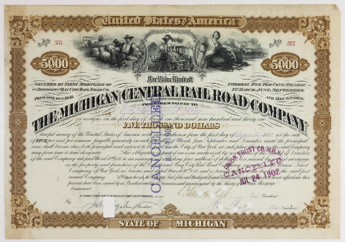 CHARLES VANDERBILT: CHARLES VANDERBILT (1843 - 1899) American financier, son of Commodore Vanderbilt and the head of the family, chairman of the New York Central. Very attractive $5,000 bond of the Michigan Central Railr