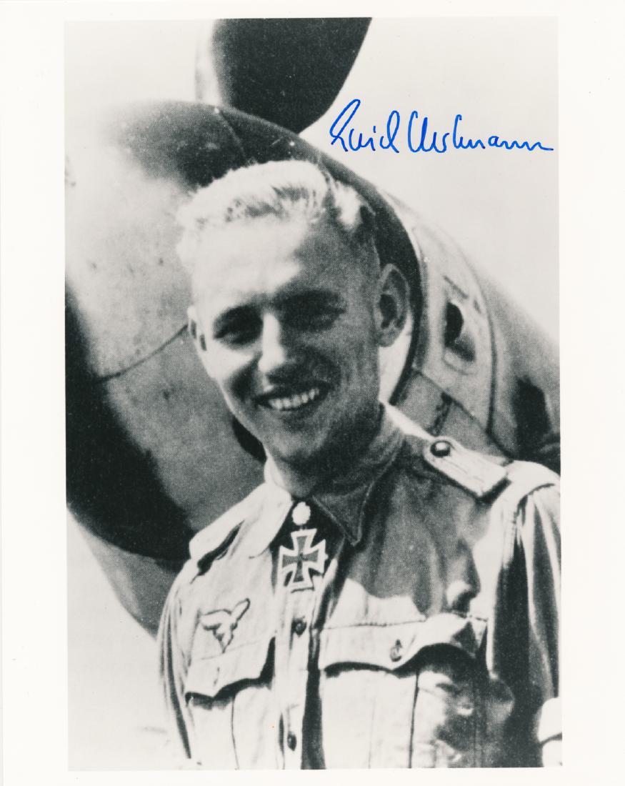 ERICH HARTMANN: ERICH HARTMANN (1922 - 1993) German ace, the top ace of all time, with 352 aerial kills during which he never lost a wing man. Captured and held by the Soviets for ten years. S.P. 8" x 10" b/w, a casu
