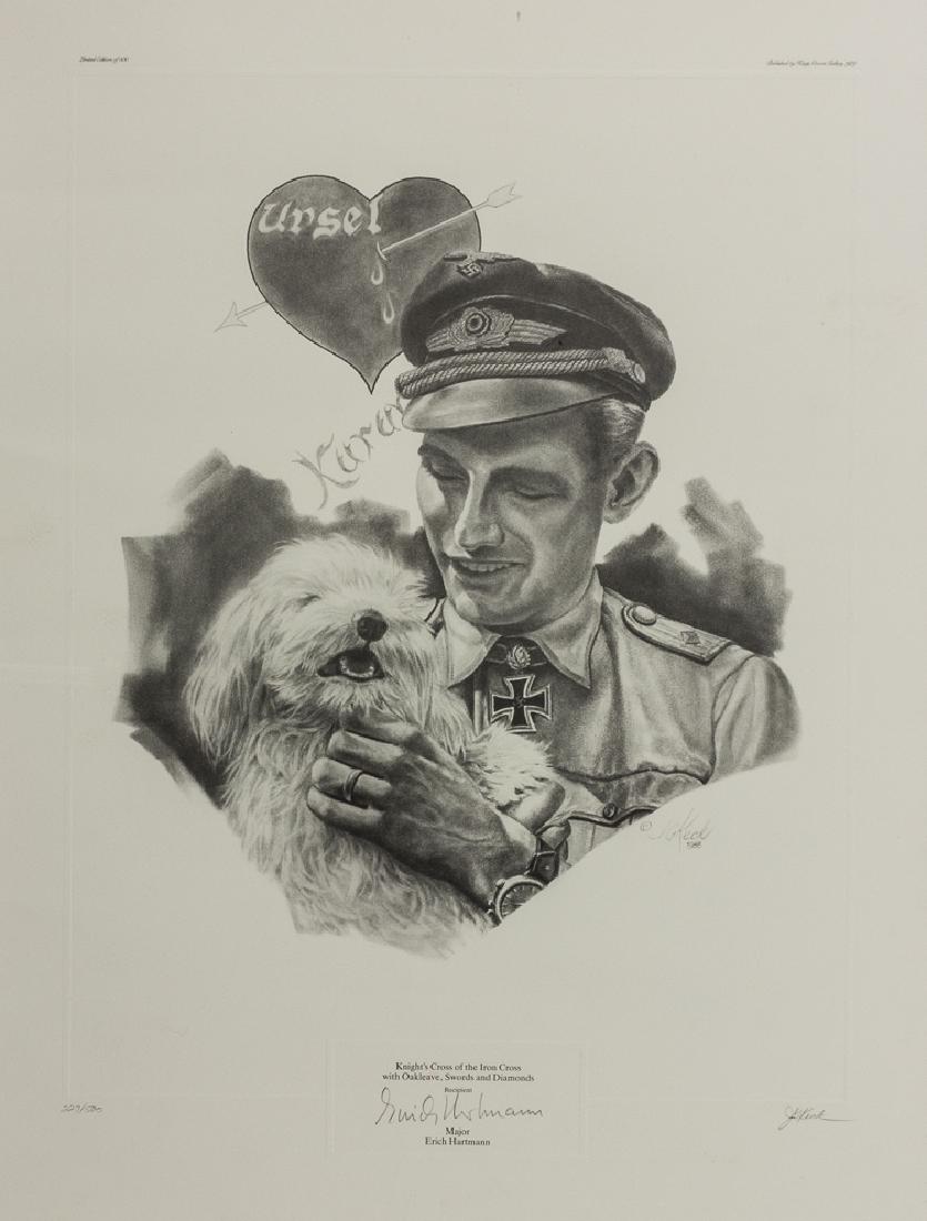 ERICH HARTMANN: ERICH HARTMANN (1922 - 1993) German ace, the top ace of all time, with 352 aerial kills during which he never lost a wing man. Captured and held by the Soviets for ten years. Signed print, 18 Â¾" x