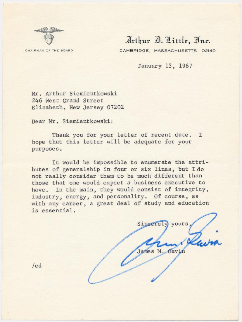 JAMES M. GAVIN: JAMES M. GAVIN (1907 - 1990) American general and commander of the 82nd Airborne at Normandy and in the Battle of the Bulge. T.L.S., 1p. 8vo., Cambridge, Jan. 13, 1967, to an Artur Siemientkowski, res