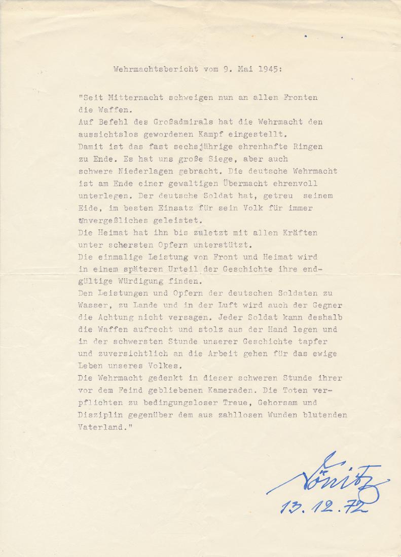 KARL DONITZ: KARL DONITZ (1891 - 1980) German admiral who headed the U-Boat arm of the German Navy, later succeeded Hitler as Fuhrer after Hitler's suicide. T.Ms.S., 1p. 4to., [n.p.], Dec. 13, 1972, in German, the