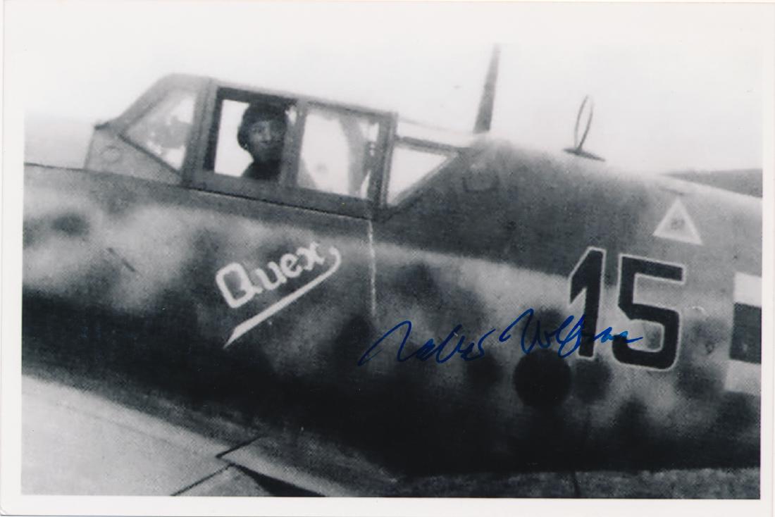 WALTER WOLDFRUM: WALTER WOLDFRUM (1923 â€“ 2010) Luftwaffe fighter pilot with 137 "kills", recipient of the Knights Cross. S.P., 6" x 4" b/w, signed later in life. Fine.