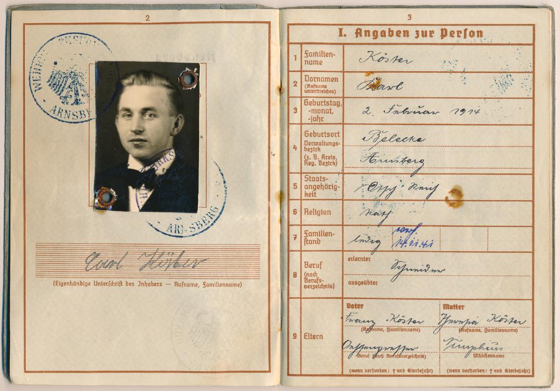 WEHRPASS ISSUED TO A GERMAN DUNKIRK VETERAN: WEHRPASS ISSUED TO A GERMAN DUNKIRK VETERAN Wehrpass issued to Feldwebel Karl Koster, a veteran of Dunkirk, born Feb. 2, 1914 in Arnsbeg, his book issued there on July 18, 1936. Koster, apparently a m