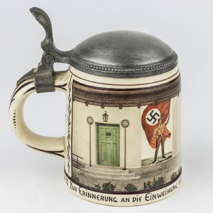 BEER STEIN COMMEMORATES THE OPENING OF AN S.A. RETREAT: BEER STEIN COMMEMORATES THE OPENING OF AN S.A. RETREAT Fine porcelain beer stein, approx. 6 ½" x 4", bearing the inscription around the base: "To Remember the Consecration of the S.A. Home in Stein