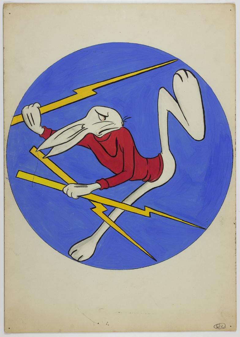 383RD FIGHTER SQUADRON ORIGINAL INSIGNIA ART BY DAN: 383RD FIGHTER SQUADRON ORIGINAL INSIGNIA ART BY DAN DECARLO Fine piece of original hand-painted World War II U.S. Army Air Forces squadron insignia, 10 Â½" x 15", depicting a rabbit in a red sweater