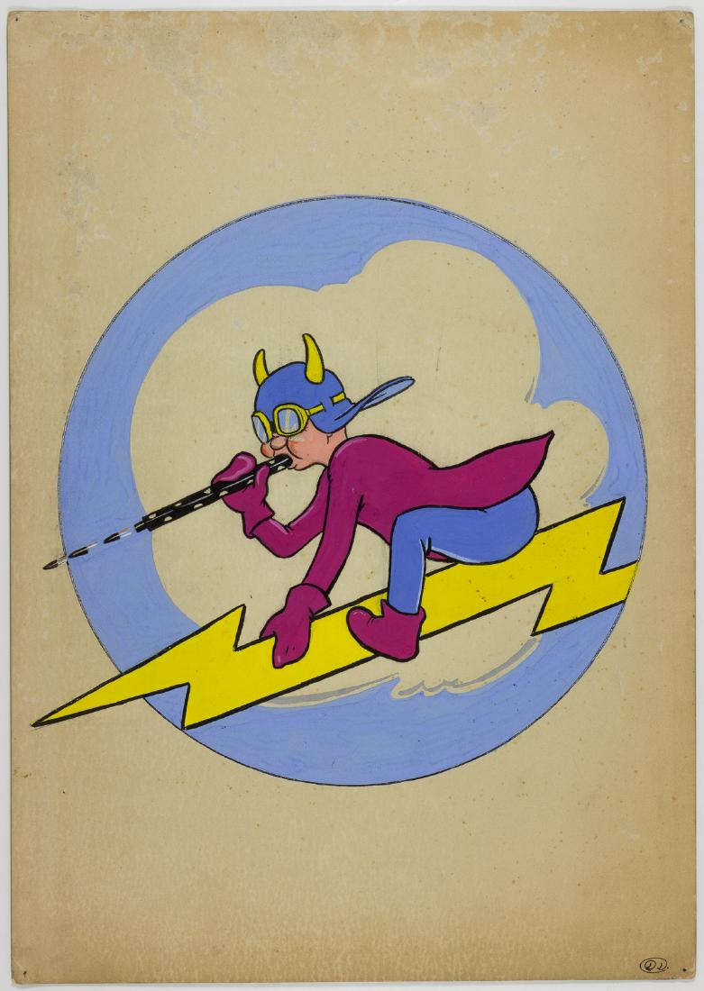 385TH FIGHTER SQUADRON ORIGINAL INSIGNIA ART BY DAN: 385TH FIGHTER SQUADRON ORIGINAL INSIGNIA ART BY DAN DECARLO Fine piece of original hand-painted World War II U.S. Army Air Forces squadron insignia, 10 Â½" x 15", depicting a horned figure in a flig