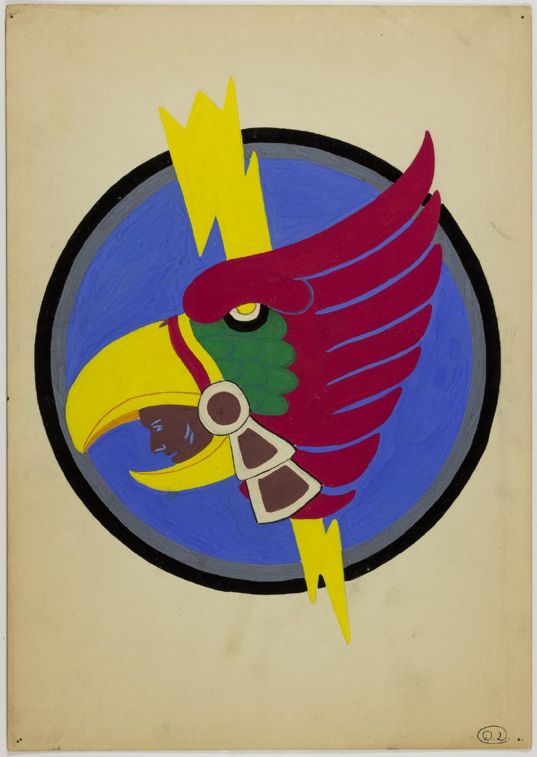 374TH FIGHTER SQUADRON ORIGINAL INSIGNIA ART BY DAN: 374TH FIGHTER SQUADRON ORIGINAL INSIGNIA ART BY DAN DECARLO Fine piece of original hand-painted World War II U.S. Army Air Forces squadron insignia, 10 Â½" x 15", depicting a native American face wi