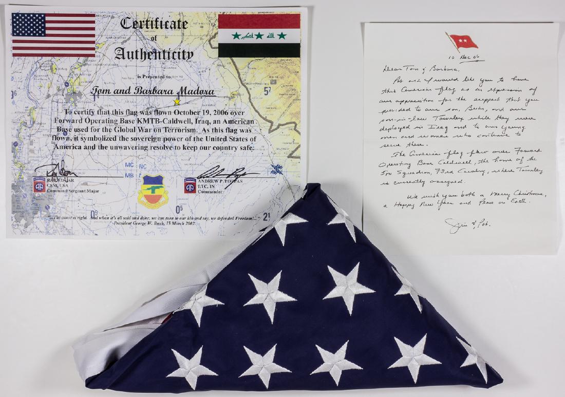 U.S. FLAG FLOWN OVER FORWARD OPERATING BASE CALDWELL,: U.S. FLAG FLOWN OVER FORWARD OPERATING BASE CALDWELL, IRAQ Nylon fifty-star United States Flag, 60" x 36", with stripes and canton constructed in separate pieces, and with the latter bearing embroider