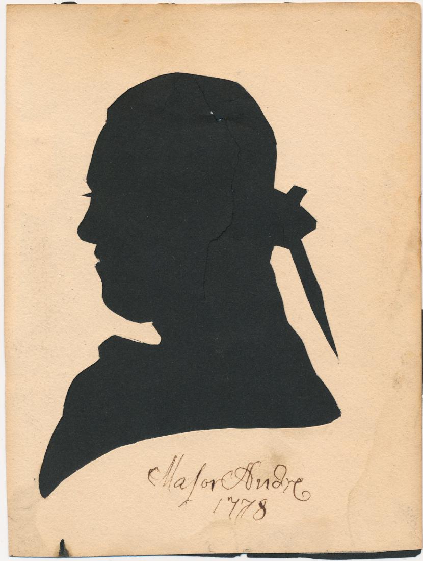 SILHOUETTE PORTRAIT OF JOHN ANDRE: SILHOUETTE PORTRAIT OF JOHN ANDRE An unusual eighteenth-century portrait, a "hollow cut" bust profile on wove paper, 4 Â¼" x 5 Â½", laid atop a black paper backing to form a silhouette image of th