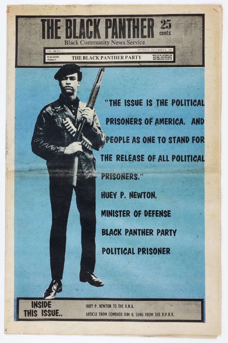 "THE BLACK PANTHER" NEWSPAPER: HUEY NEWTON: "THE BLACK PANTHER" NEWSPAPER: HUEY NEWTON Rare underground newspaper, 20pp. folio, the Dec. 6, 1969 edition of "The Black Panther", the official newspaper of the Black Panther Party. The cover of thi