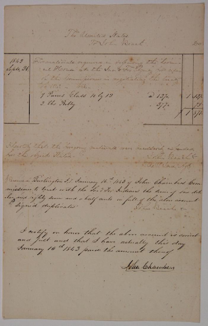 (SAC AND FOX INDIANS): (SAC AND FOX INDIANS) A.D.S. "John Beach", 1p. legal folio, Iowa Territory, Sep. 26, 1842, an invoice for repair of the Sac and Fox Agency's Council House, countersigned by JOHN CHAMBERS. In part: "..