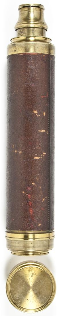 THOMAS JONES THREE-DRAW TELESCOPE: THOMAS JONES THREE-DRAW TELESCOPE Three-draw telescope made by Thomas Jones, Liverpool and so engraved on one of the barrels, leather wrapped tube bears some scuffs, brass end cap present. The barrel