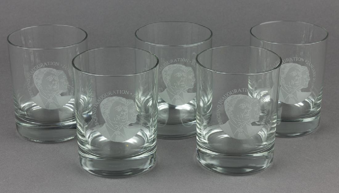 RONALD REAGAN AND GEORGE BUSH 1985 INAUGURAL WHISKEY: RONALD REAGAN AND GEORGE BUSH 1985 INAUGURAL WHISKEY GLASSES Lot of five Reagan/Bush whiskey glasses commemorating their second inauguration in 1985 and featuring etched profile portraits of both lead