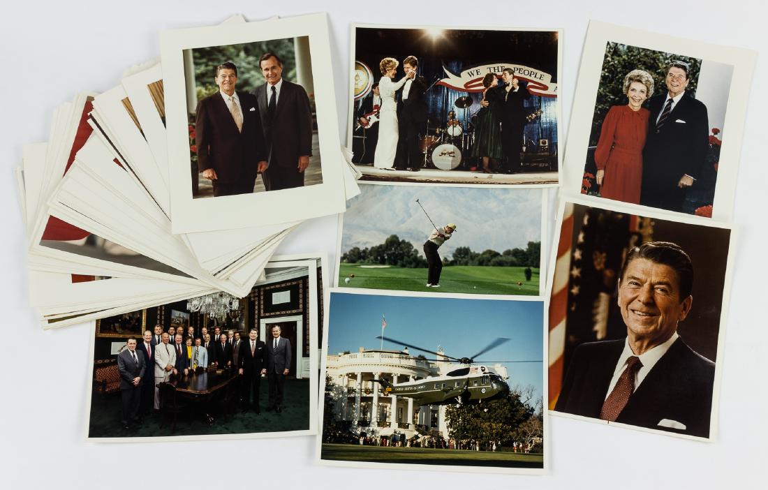 RONALD REAGAN WHITE HOUSE PHOTOGRAPHS: RONALD REAGAN WHITE HOUSE PHOTOGRAPHS Group of about 80 8" x 10" color all 8" x 10" matte color, most showing Ronald Reagan in a variety of poses, Nancy Reagan or other White House scenes. These photo