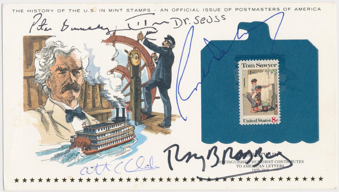 AUTHORS: AUTHORS A fine signed literary item, an oblong 8vo. card bearing a commemorative stamp honoring Mark Twain, bearing the signatures of authors PETER BENCHLEY, THEODOR GEISEL (better known as DR. SEUSS)