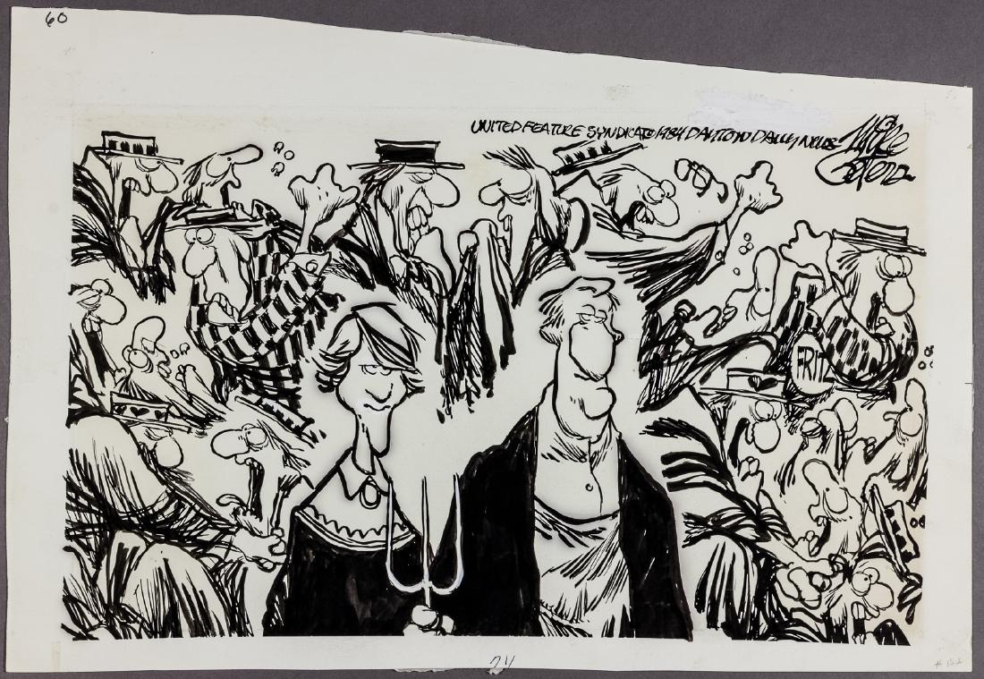 (POLITICAL CARTOON) MIKE PETERS: MIKE PETERS (b. 1943) American cartoonist who draws editorial cartoons and the comic strip "Mother Goose and Grimm". Mentored by Bill Mauldin, and a Pulitzer Prize recipient. Original signed ink polit