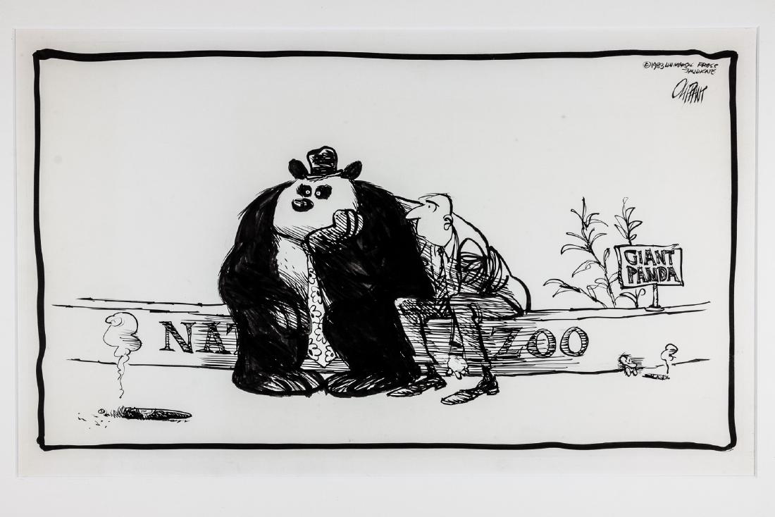 (POLITICAL CARTOON) PAT OLIPHANT: PAT OLIPHANT (b. July 1935) Australian-American political cartoonist whose career spans more than fifty years. His trademark is a small penguin character named "Punk", who often comments upon the subj