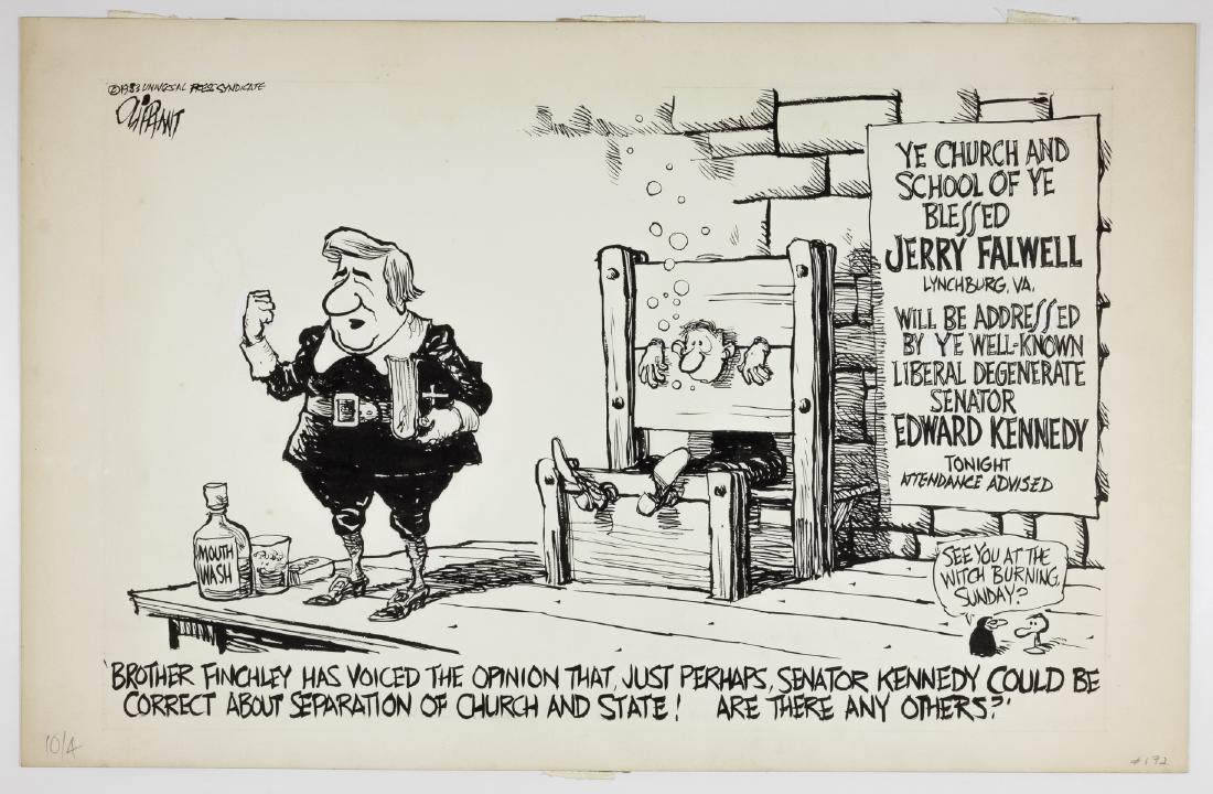 (POLITICAL CARTOON) PAT OLIPHANT: PAT OLIPHANT (b. July 1935) Australian-American political cartoonist whose career spans more than fifty years. His trademark is a small penguin character named "Punk", who often comments upon the subj